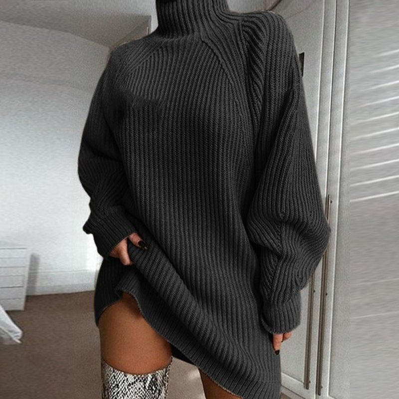 Loose Fit Ribbed Knit Turtleneck Sweater Dress Dark Gray 1