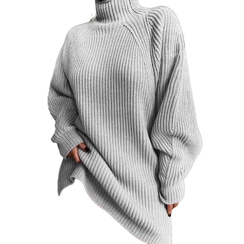 Loose Fit Ribbed Knit Turtleneck Sweater Dress on white