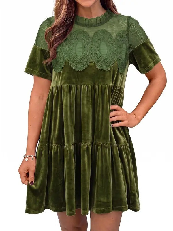 Loose Fit Velvet Babydoll Mini Dress Lace Yoke Army Green 1