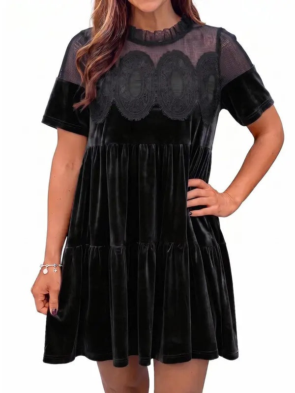 Loose Fit Velvet Babydoll Mini Dress Lace Yoke Black 1