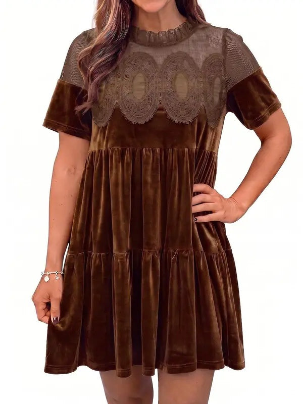 Loose Fit Velvet Babydoll Mini Dress Lace Yoke Brown 1