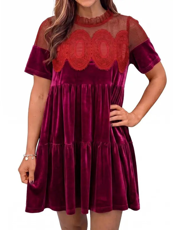 Loose Fit Velvet Babydoll Mini Dress Lace Yoke Burgundy 1