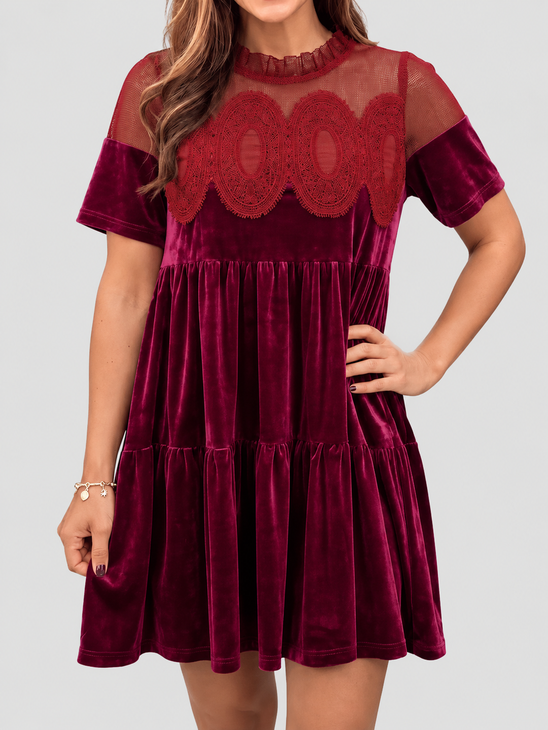 Loose Fit Velvet Babydoll Mini Dress Lace Yoke Burgundy 2