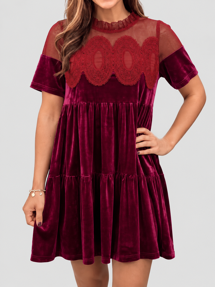 Loose Fit Velvet Babydoll Mini Dress Lace Yoke Burgundy 2