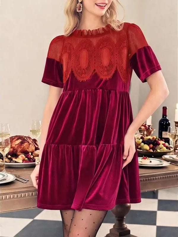 Loose Fit Velvet Babydoll Mini Dress Lace Yoke Burgundy 3