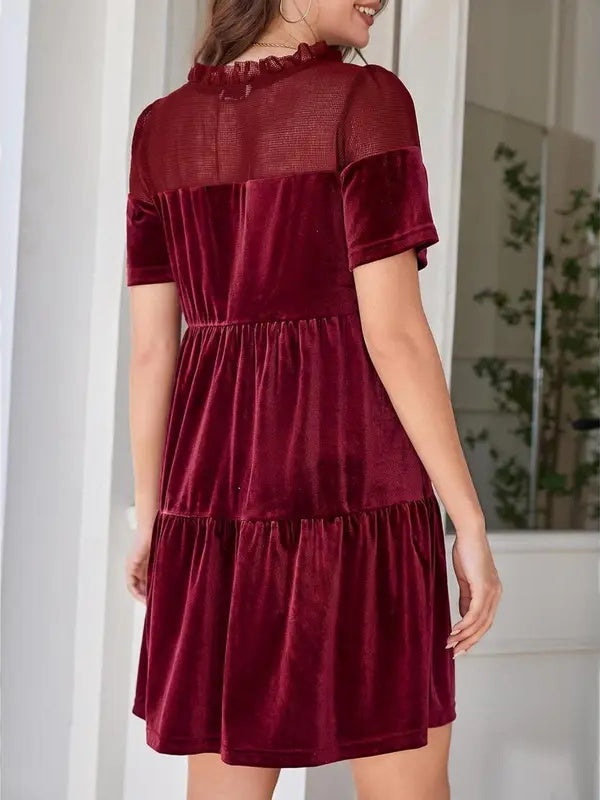 Loose Fit Velvet Babydoll Mini Dress Lace Yoke Burgundy 4