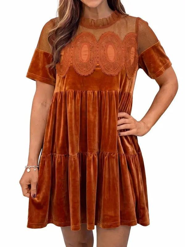 Loose Fit Velvet Babydoll Mini Dress Lace Yoke Caramel 1