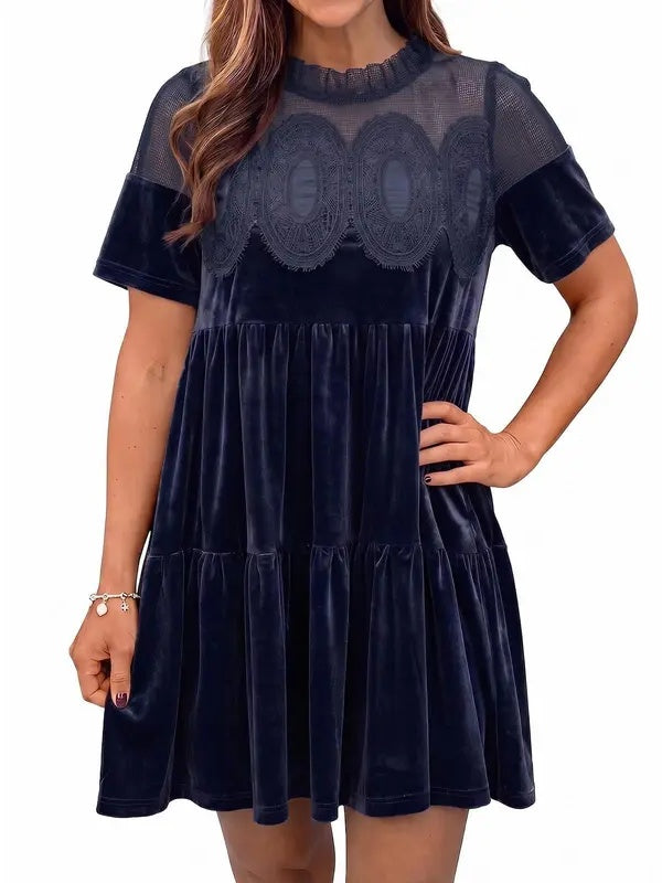 Loose Fit Velvet Babydoll Mini Dress Lace Yoke Dark Blue 1
