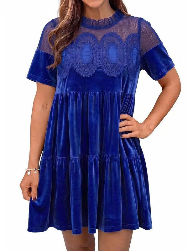 Loose Fit Velvet Babydoll Mini Dress Lace Yoke Royal Blue 1