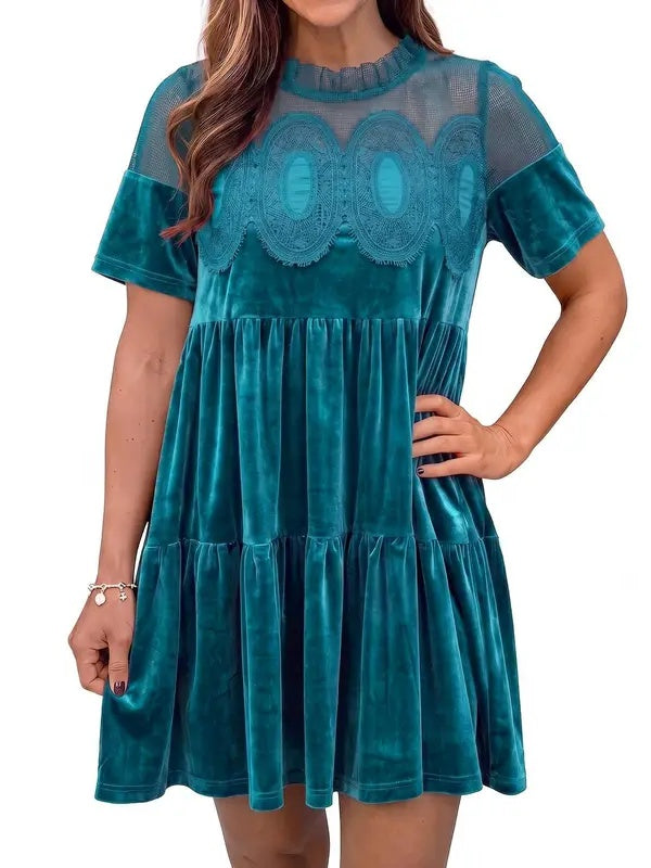 Loose Fit Velvet Babydoll Mini Dress Lace Yoke Teal 1
