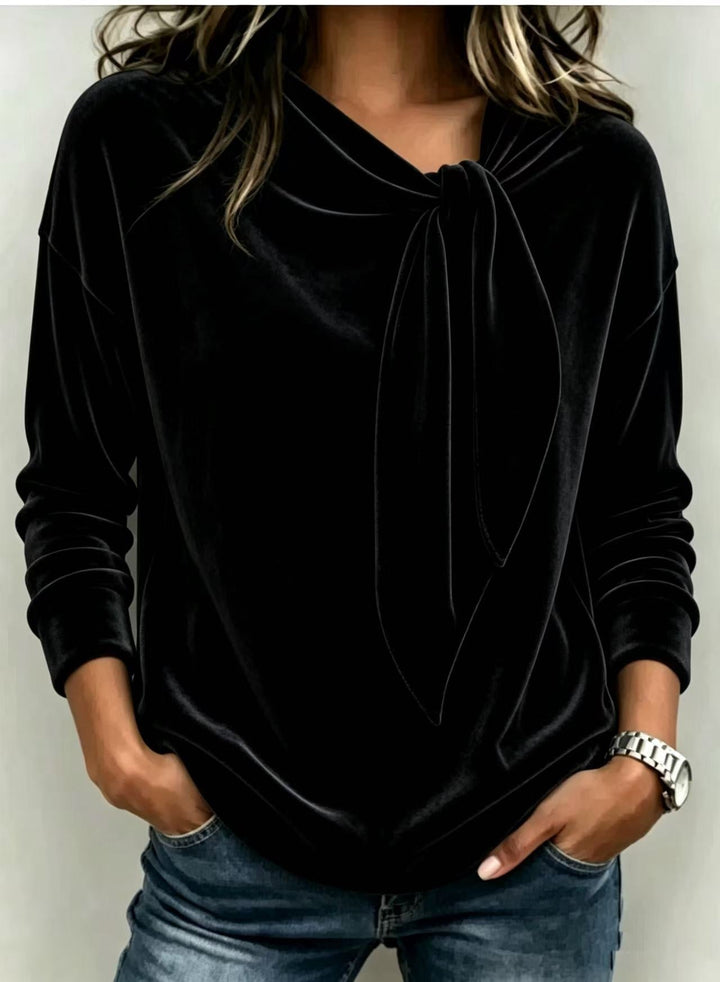 Loose Fit Velvet Blouse Bow Tie Neck Long Sleeve Black 1