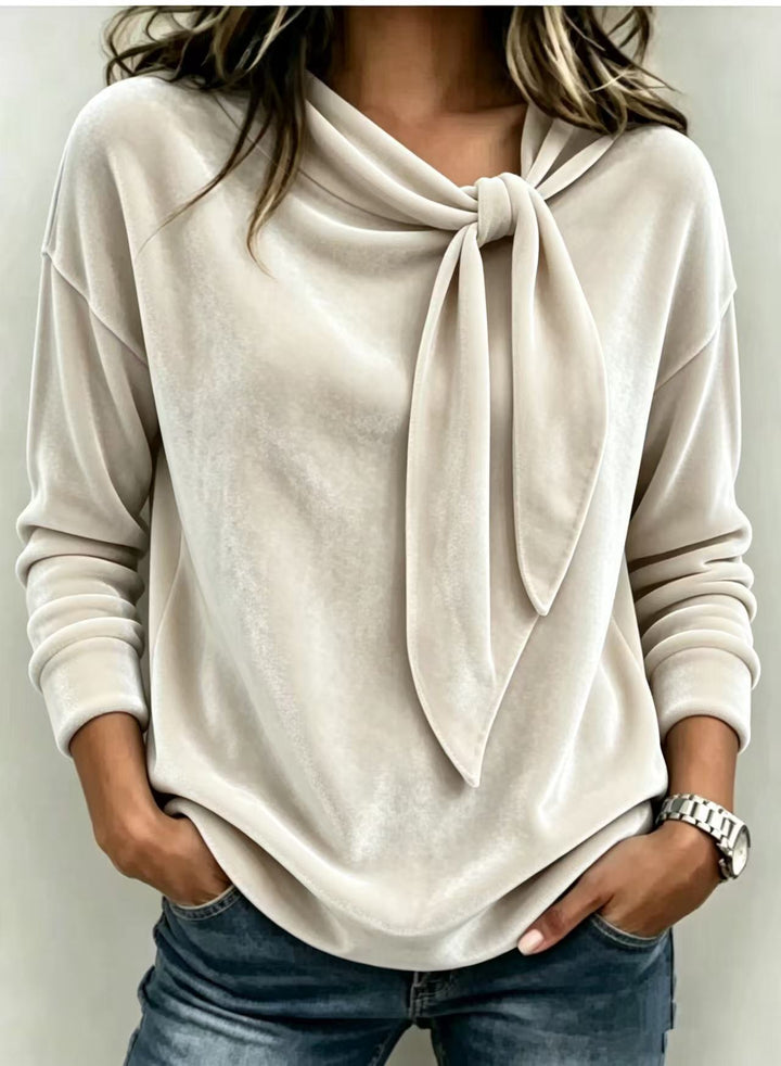 Loose Fit Velvet Blouse Bow Tie Neck Long Sleeve Cream 1