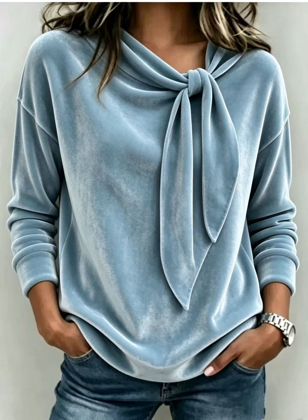 Loose Fit Velvet Blouse Bow Tie Neck Long Sleeve Light Blue 1