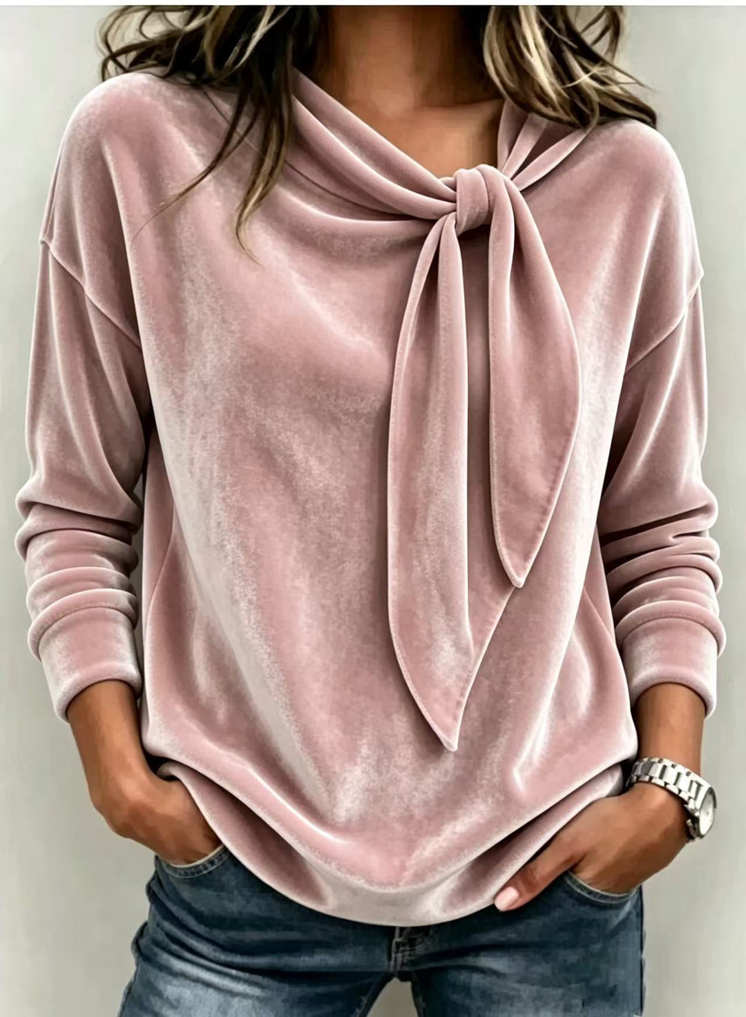 Loose Fit Velvet Blouse Bow Tie Neck Long Sleeve Pink 1