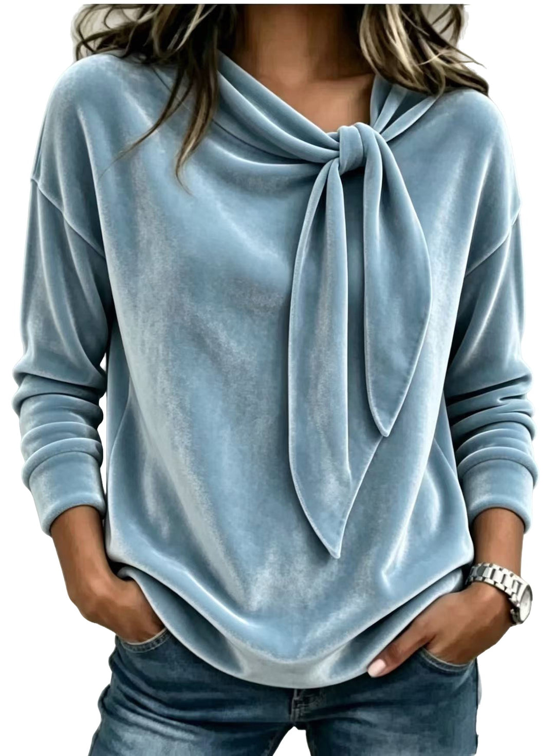 Loose Fit Velvet Blouse Bow Tie Neck Long Sleeve on white
