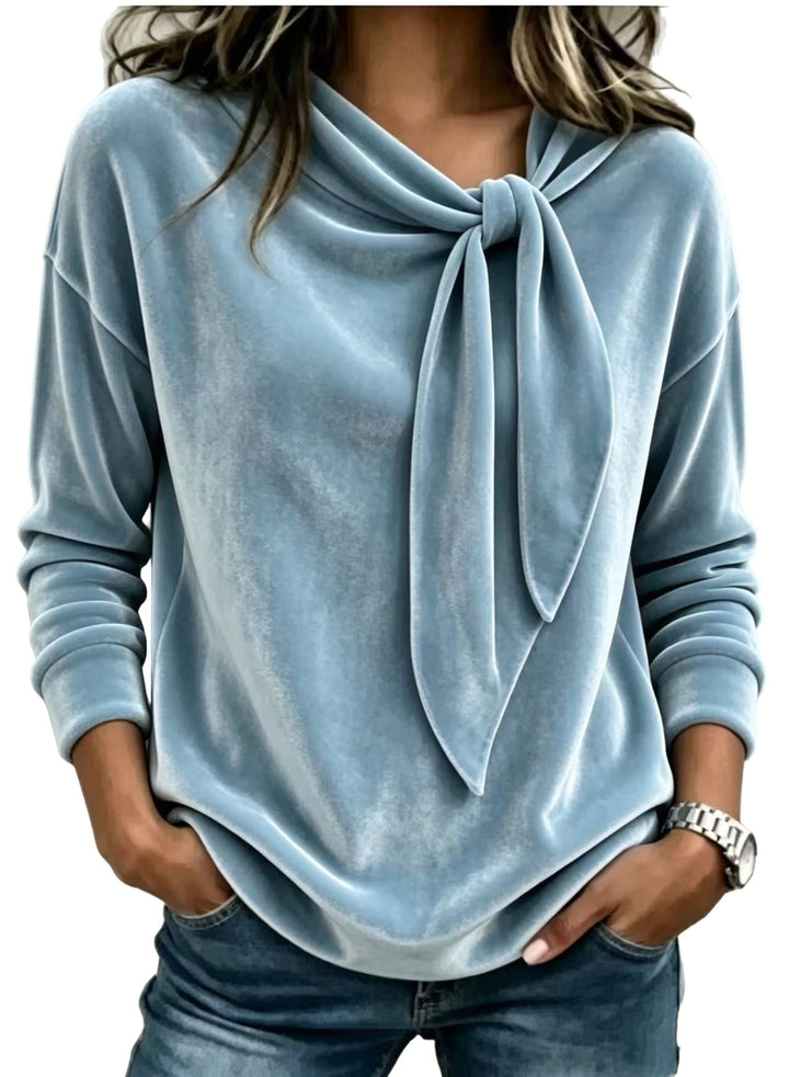 Loose Fit Velvet Blouse Bow Tie Neck Long Sleeve on white