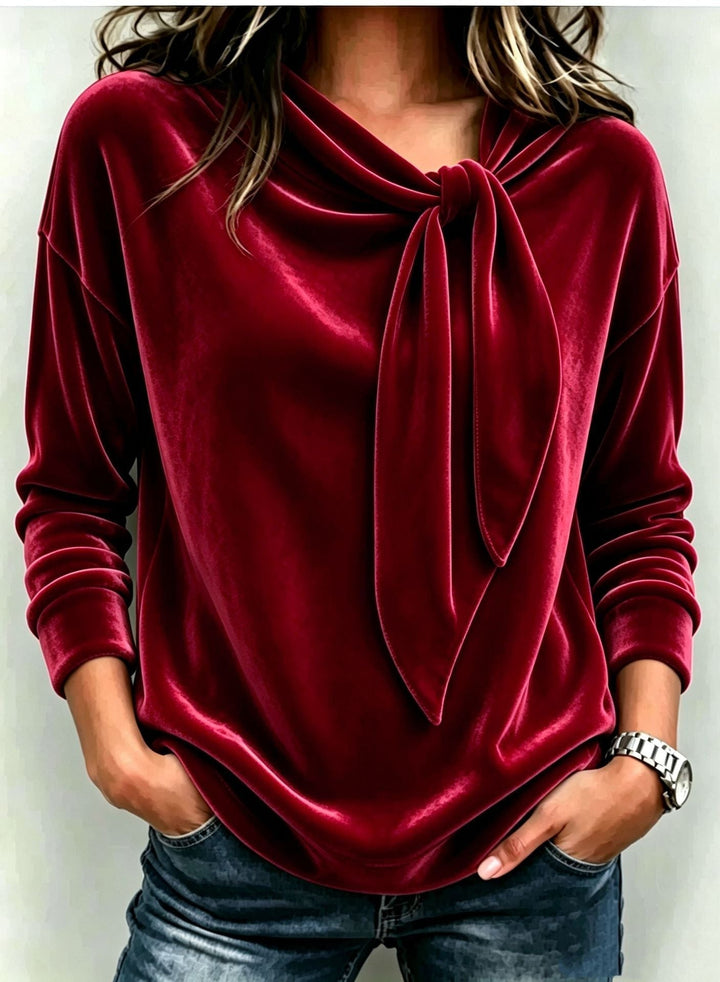 Loose Fit Velvet Blouse Bow Tie Neck Long Sleeve Wine Red 1