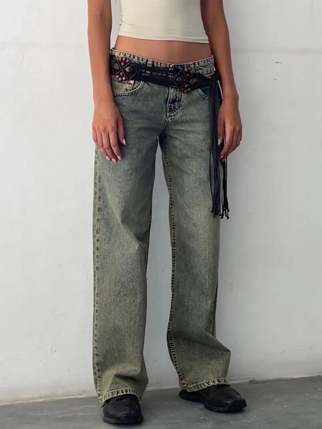 Low Rise Baggy Wide Leg Jeans Sand Wash Blue 1