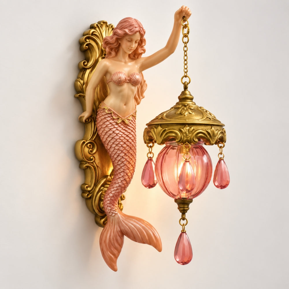 Mermaid Wall Lantern Battery Operated Resin Pink 1