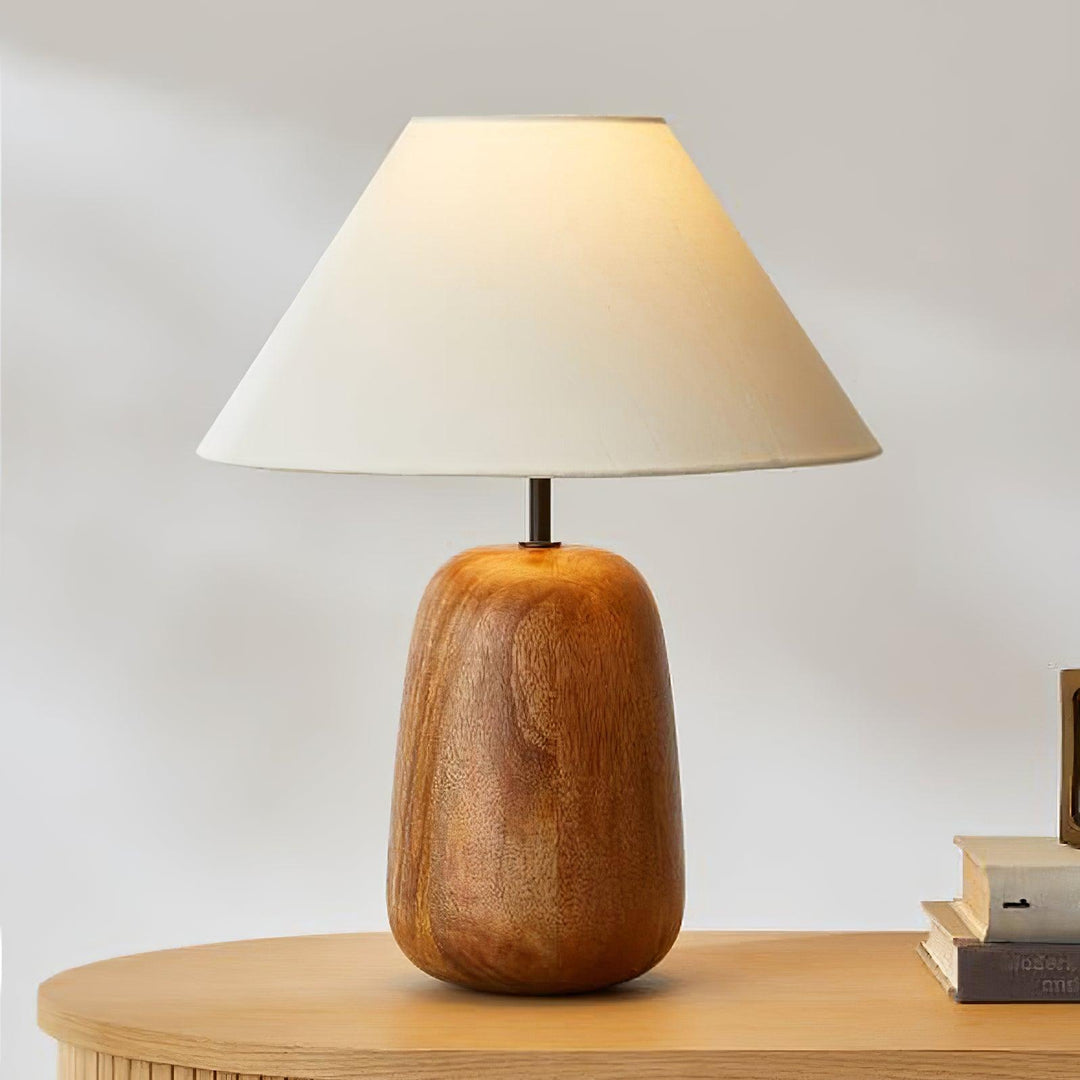 Natural Wood Table Lamp White Fabric Shade 14.9 in Set of 3 2
