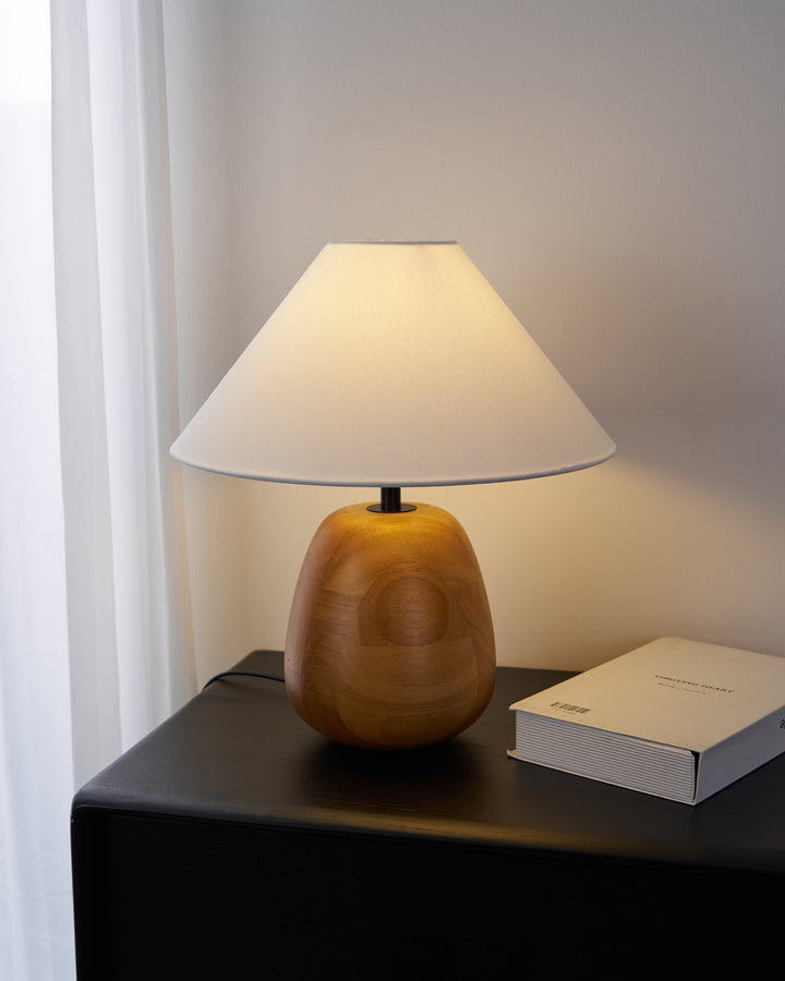 Natural Wood Table Lamp White Fabric Shade 14.9 in Set of 3 3