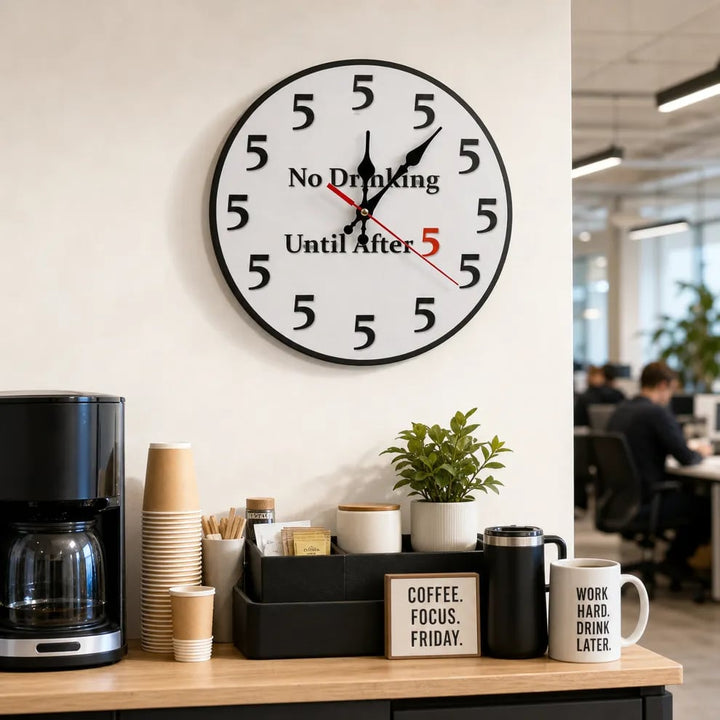No Drinking Until After 5 Wall Clock Round 12 Inch Silent 2