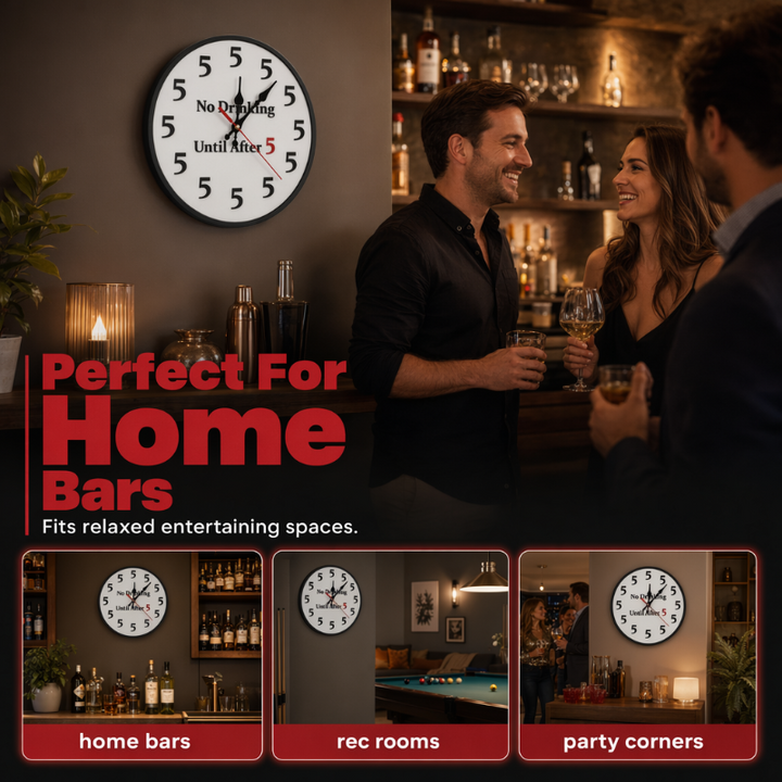 Novelty Wall Clock No Drinking Until After 5 Round Wood 2
