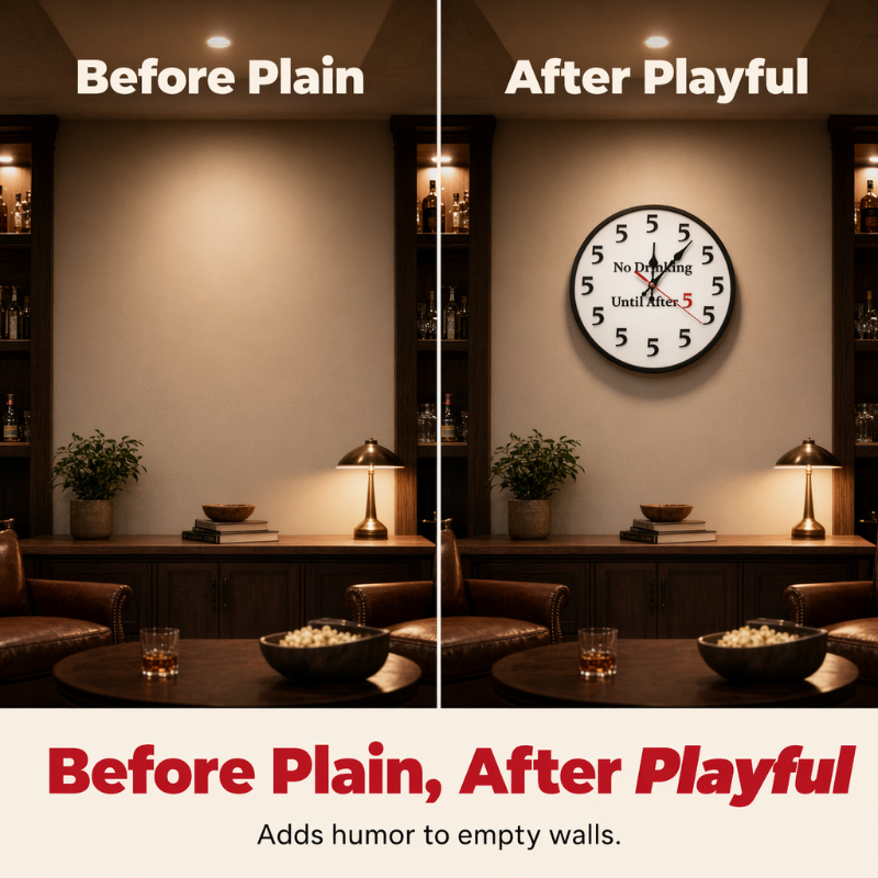 Novelty Wall Clock No Drinking Until After 5 Round Wood 3