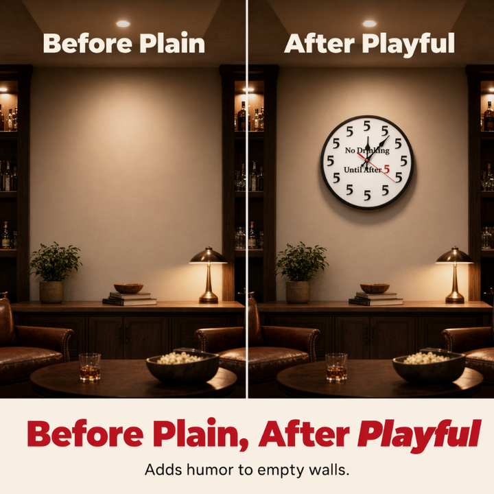 Novelty Wall Clock No Drinking Until After 5 Round Wood 3
