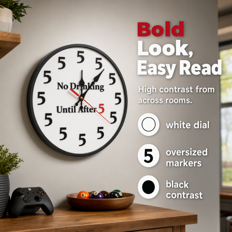 Novelty Wall Clock No Drinking Until After 5 Round Wood 4