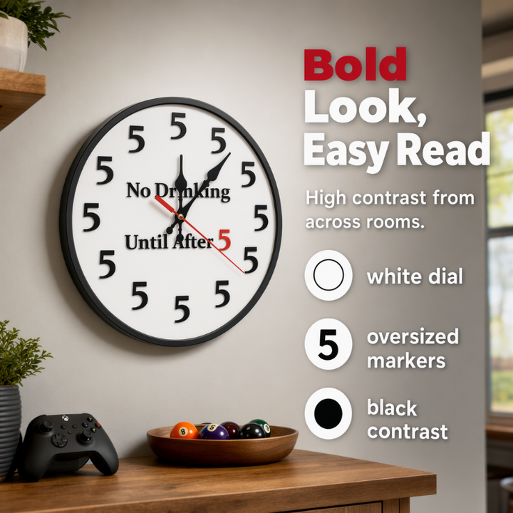 Novelty Wall Clock No Drinking Until After 5 Round Wood 4