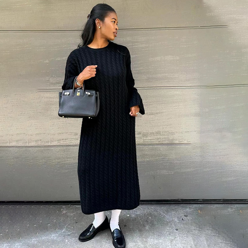 Oversized Cable Knit Sweater Dress Crew Neck Black 1