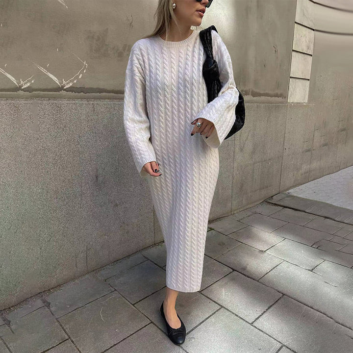 Oversized Cable Knit Sweater Dress Crew Neck White 1