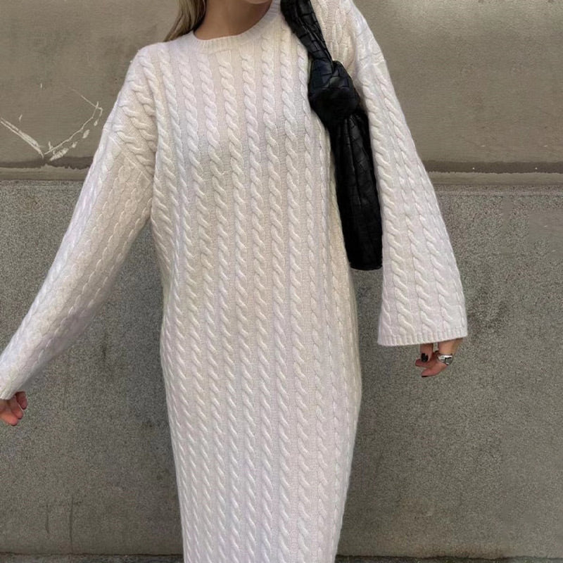 Oversized Cable Knit Sweater Dress Crew Neck White 2