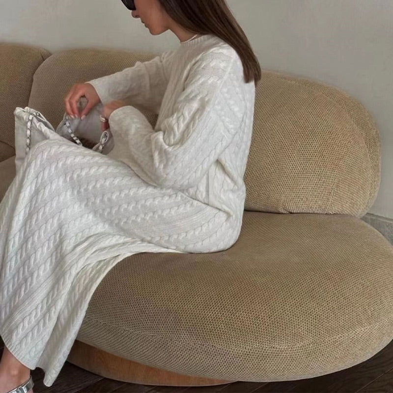 Oversized Cable Knit Sweater Dress Crew Neck White 3