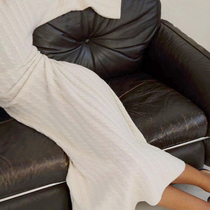 Oversized Cable Knit Sweater Dress Crew Neck White 4