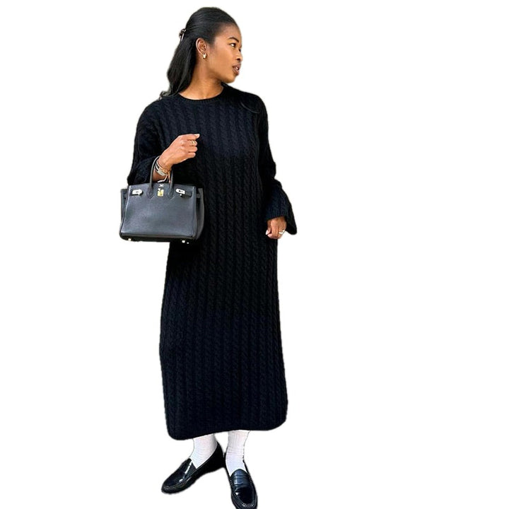 Oversized Cable Knit Sweater Dress Crew Neck on white