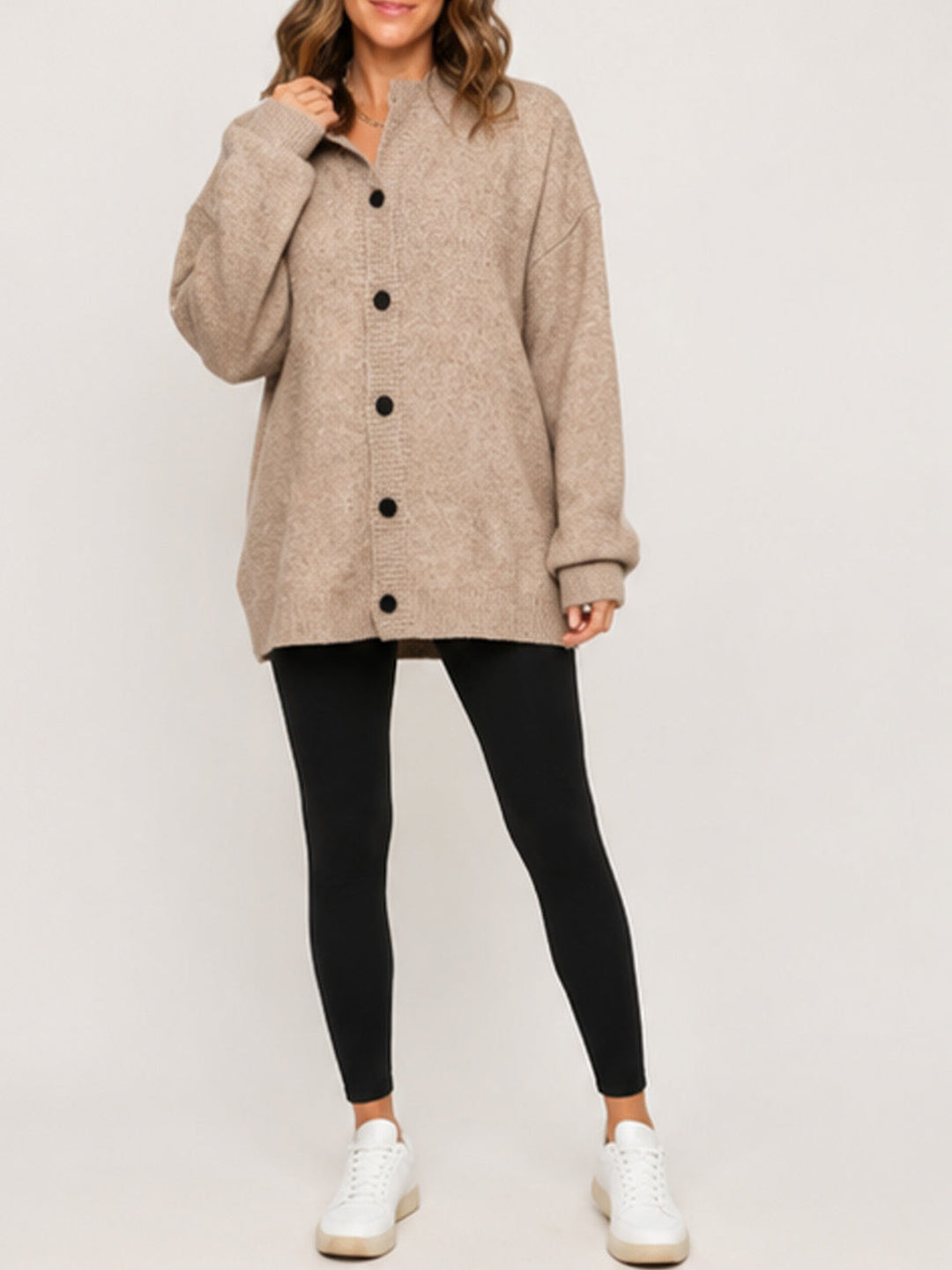 Oversized Knit Cardigan Stand Collar Button Front Beige 1