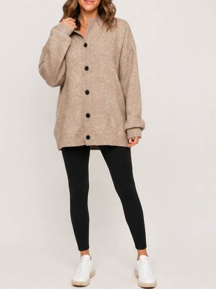 Oversized Knit Cardigan Stand Collar Button Front Beige 1