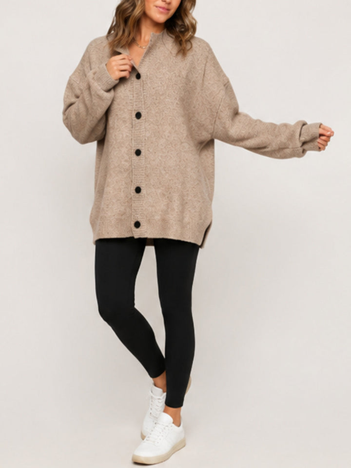 Oversized Knit Cardigan Stand Collar Button Front Beige 2