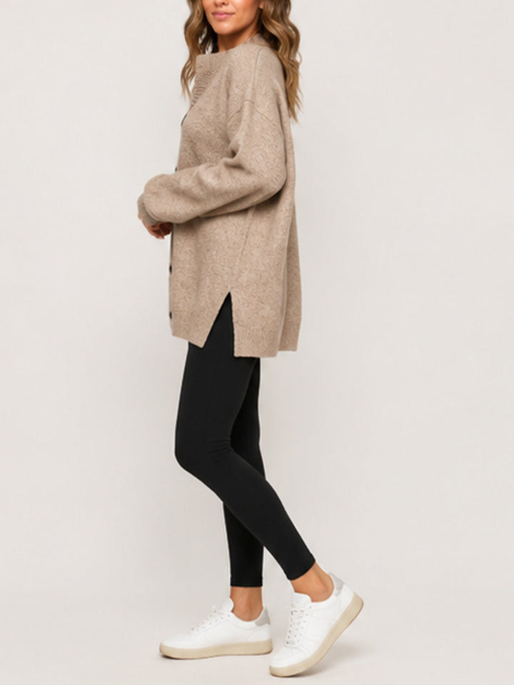 Oversized Knit Cardigan Stand Collar Button Front Beige 3