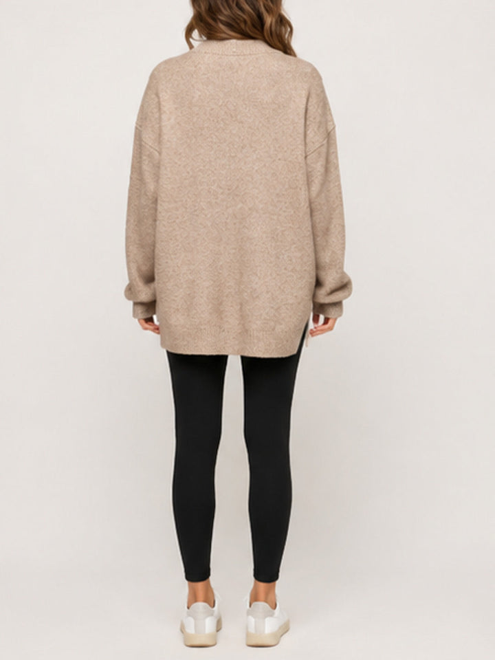 Oversized Knit Cardigan Stand Collar Button Front Beige 4