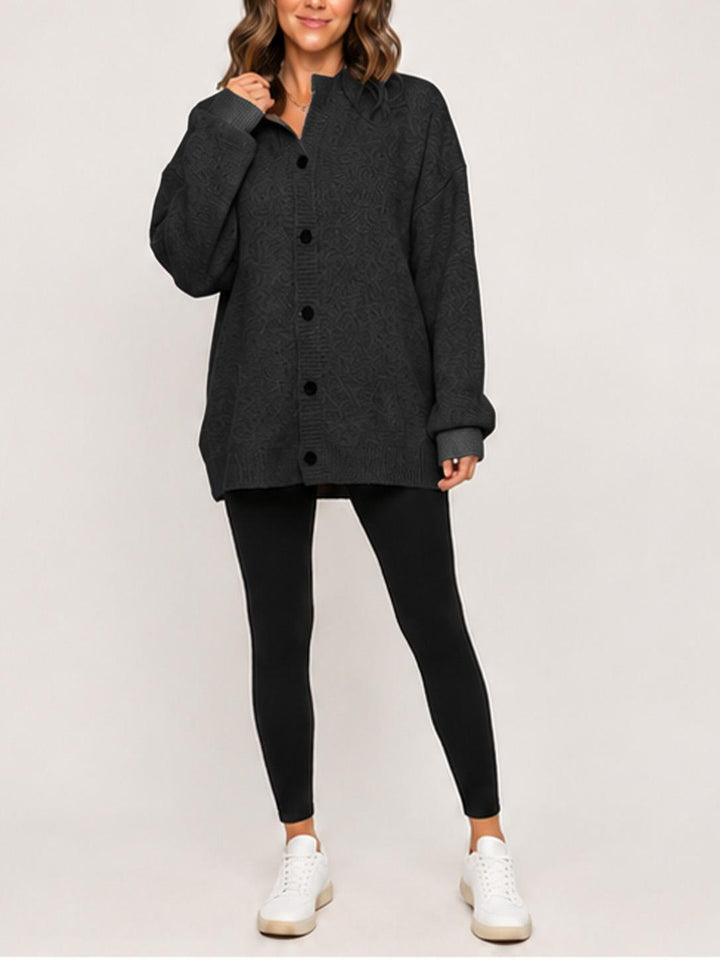 Oversized Knit Cardigan Stand Collar Button Front Black 1