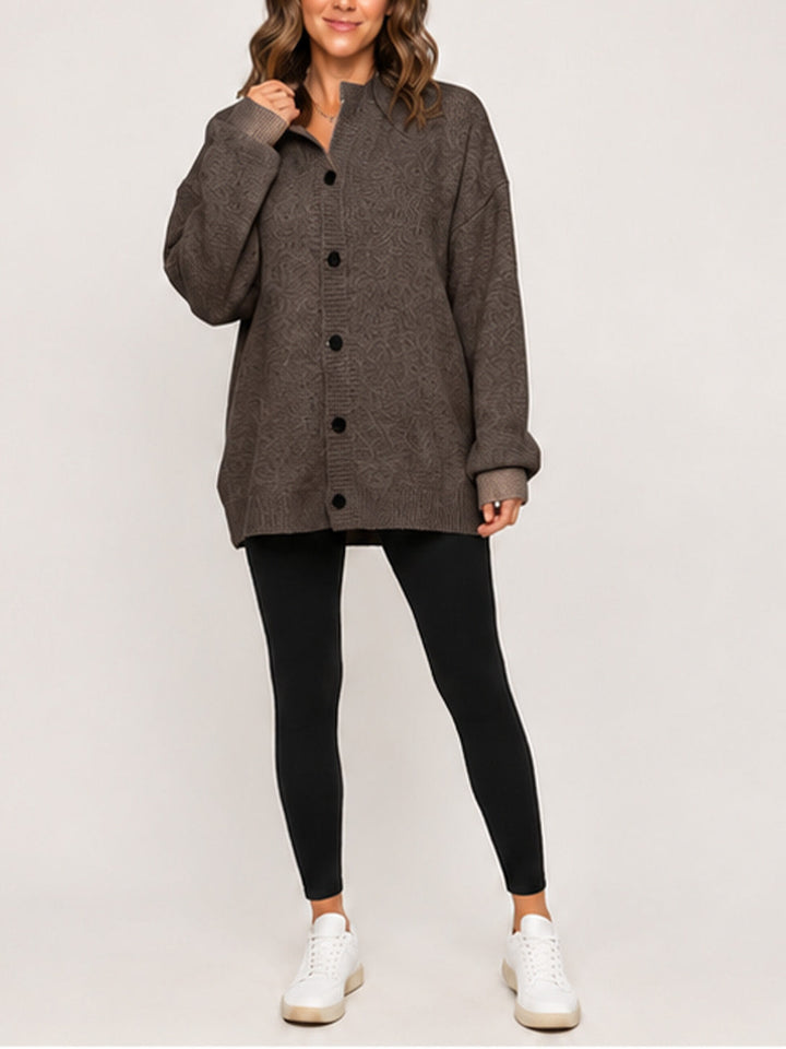 Oversized Knit Cardigan Stand Collar Button Front Brown 1