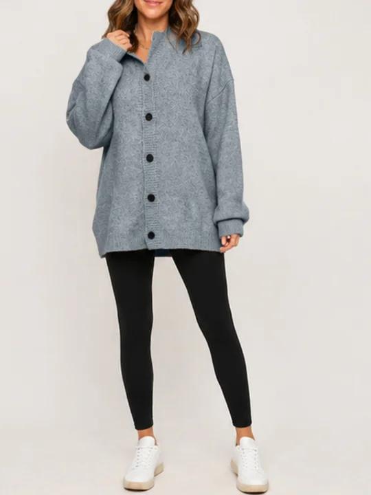Oversized Knit Cardigan Stand Collar Button Front Gray 1