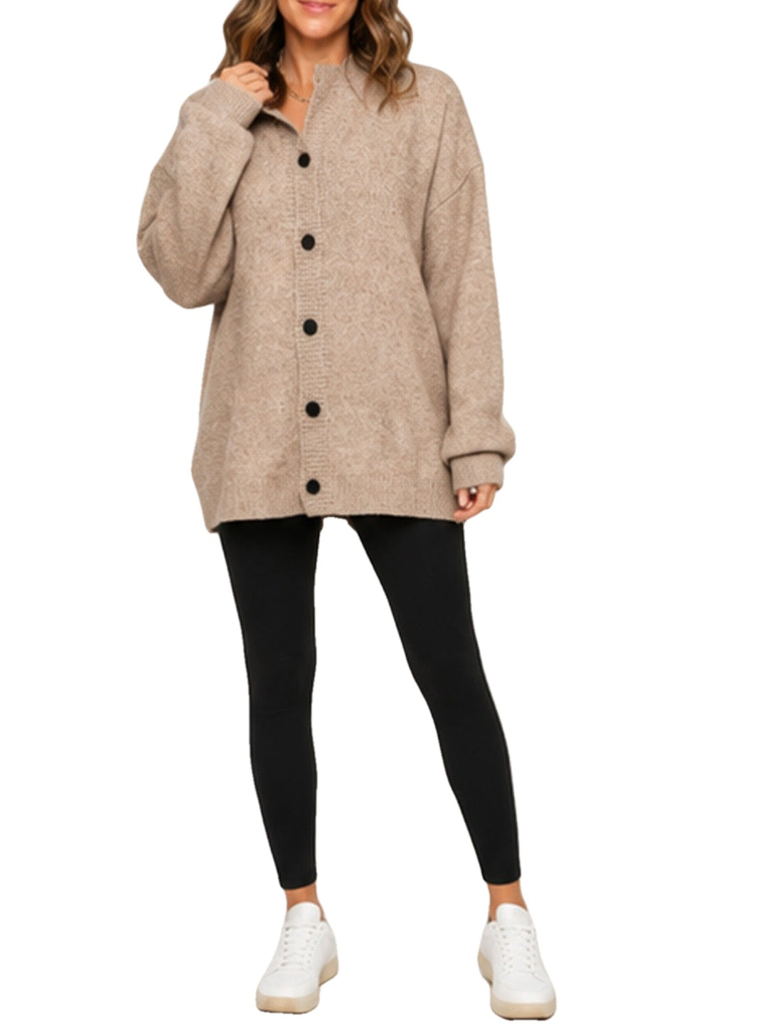 Oversized Knit Cardigan Stand Collar Button Front on white
