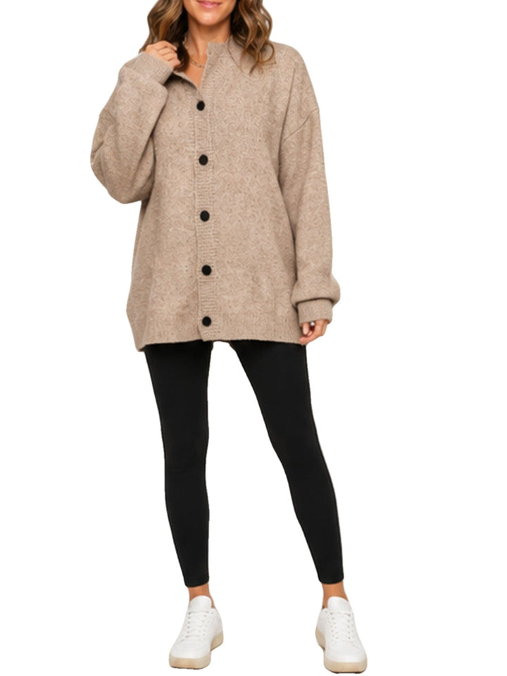 Oversized Knit Cardigan Stand Collar Button Front on white