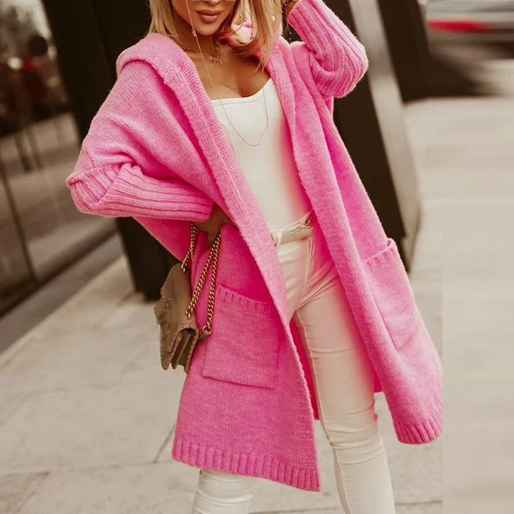 Oversized Long Hooded Knit Cardigan Pockets Pink 1