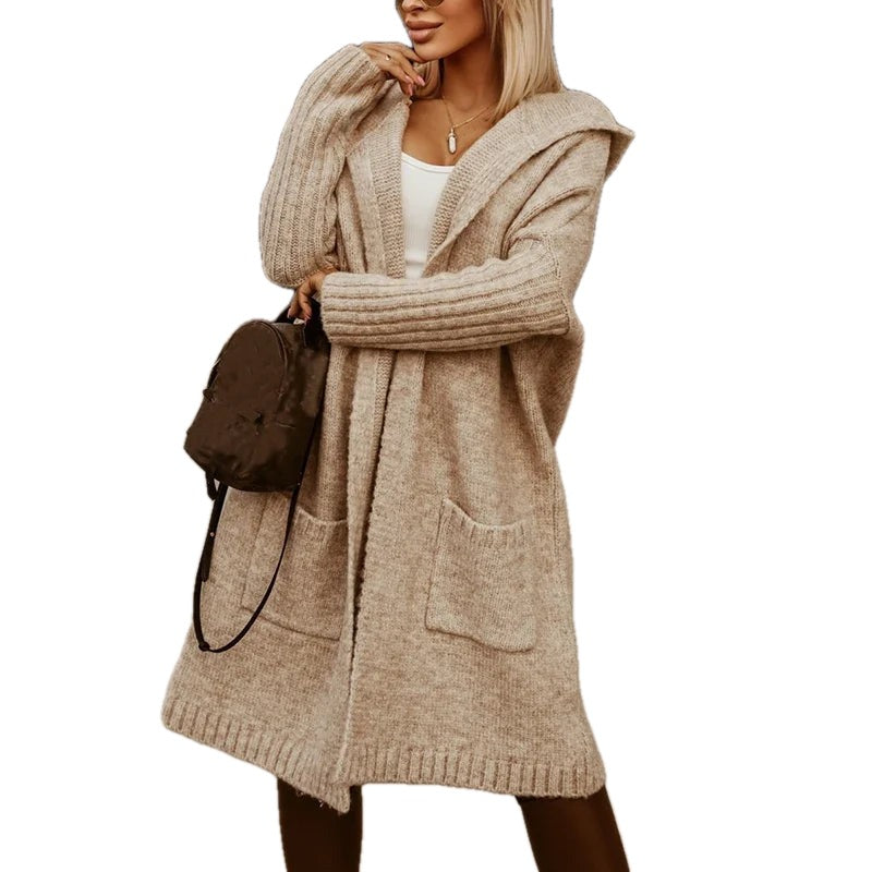 Oversized Long Hooded Knit Cardigan Pockets on white