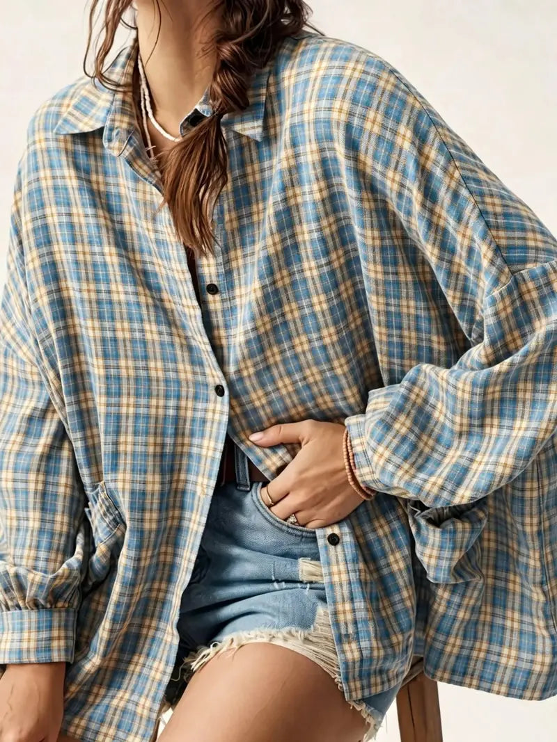 Oversized Plaid Shirt Button Front Chest Pocket Blue 1